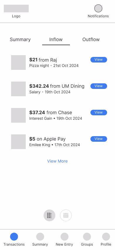 Transactions wireframe
