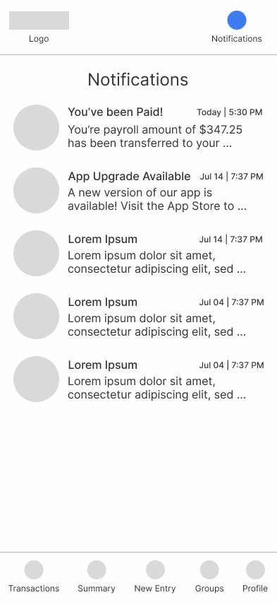 Notifications wireframe
